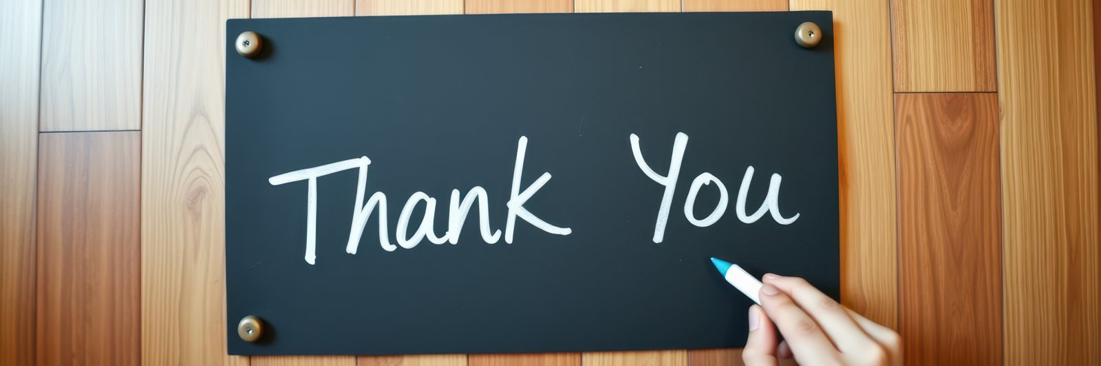 Handwriting a thank you message on a black chalkboard with wooden background in a cozy indoor setting